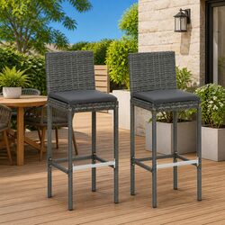 Set of 2 Outdoor Bar Stools with Grey Cushions