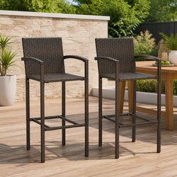Outdoor Bar Stools Set of 2 – Brown Rattan & Steel Frame