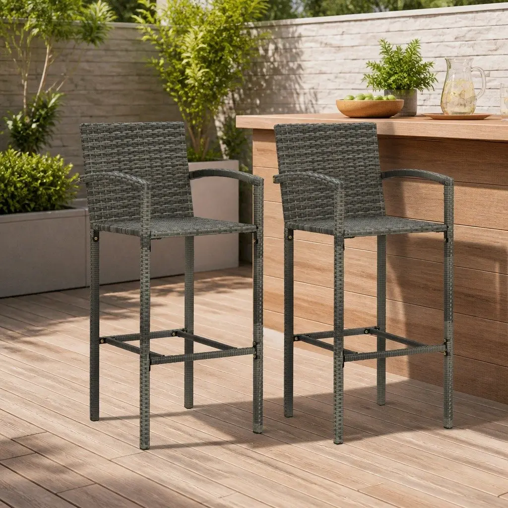 Outdoor Bar Stools Garden Patio Indoor 2 Piece Grey Rattan