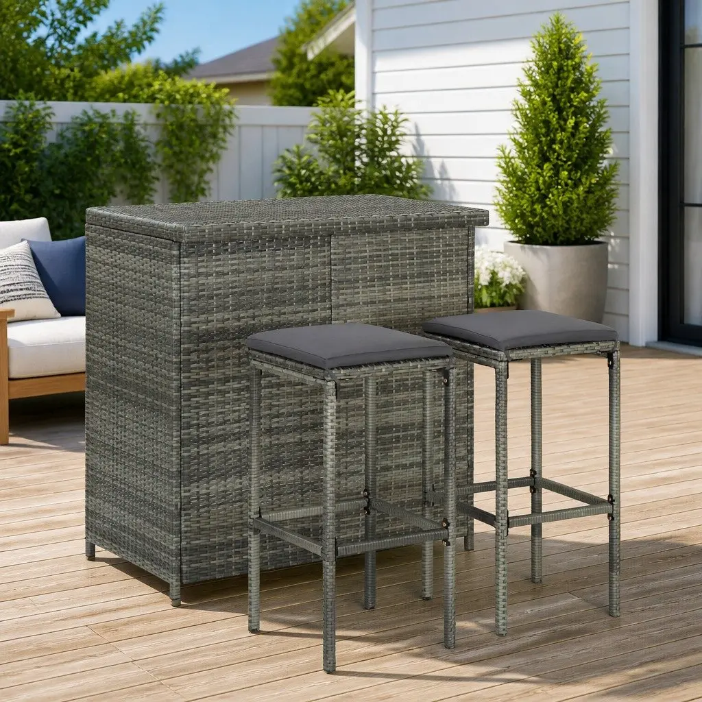 3 Piece Bar Set Outdoor Garden Use Grey Poly Rattan Table Stools