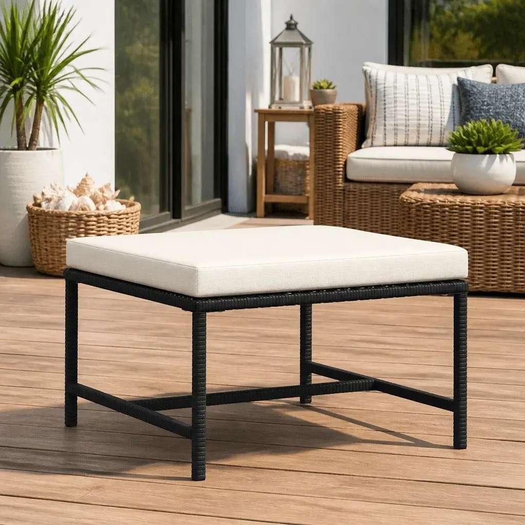 Outdoor Footrest Ottoman for Garden Black with Cushion