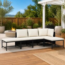5-Piece Outdoor Sofa Set with Cushions - Black Rattan