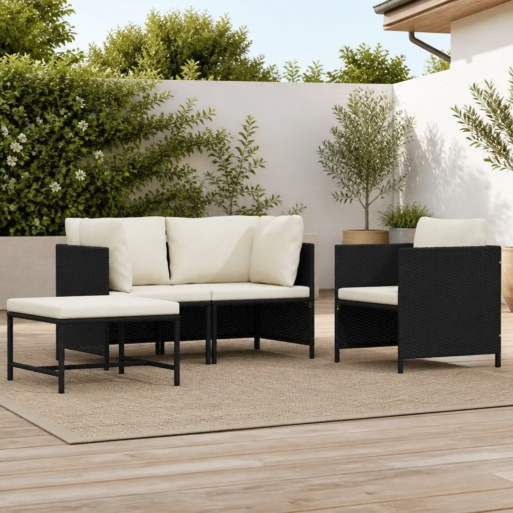 Outdoor Sectional Sofa Set for Patio Garden 4 Piece Black Poly Rattan with Cushions
