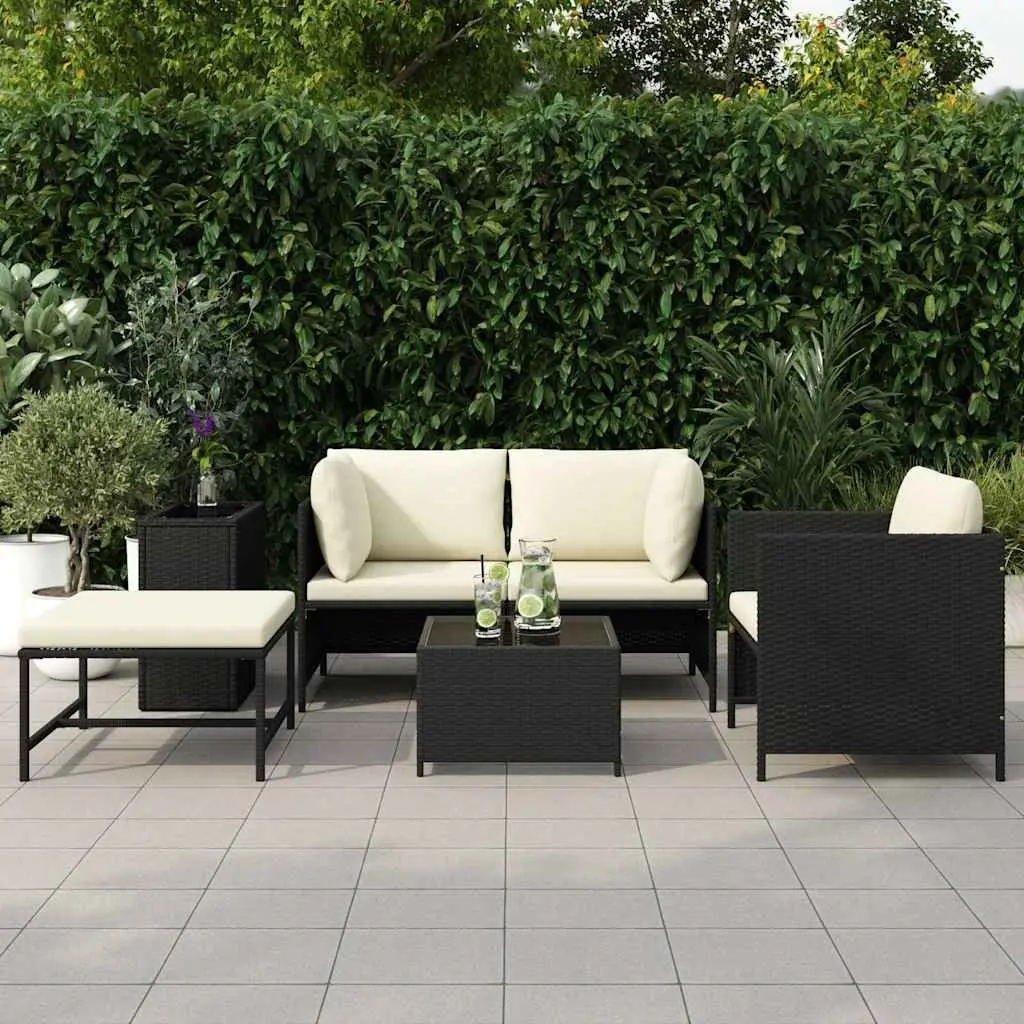 Outdoor Sectional Sofa Set for Patio Garden 4 Piece Black Poly Rattan with Cushions