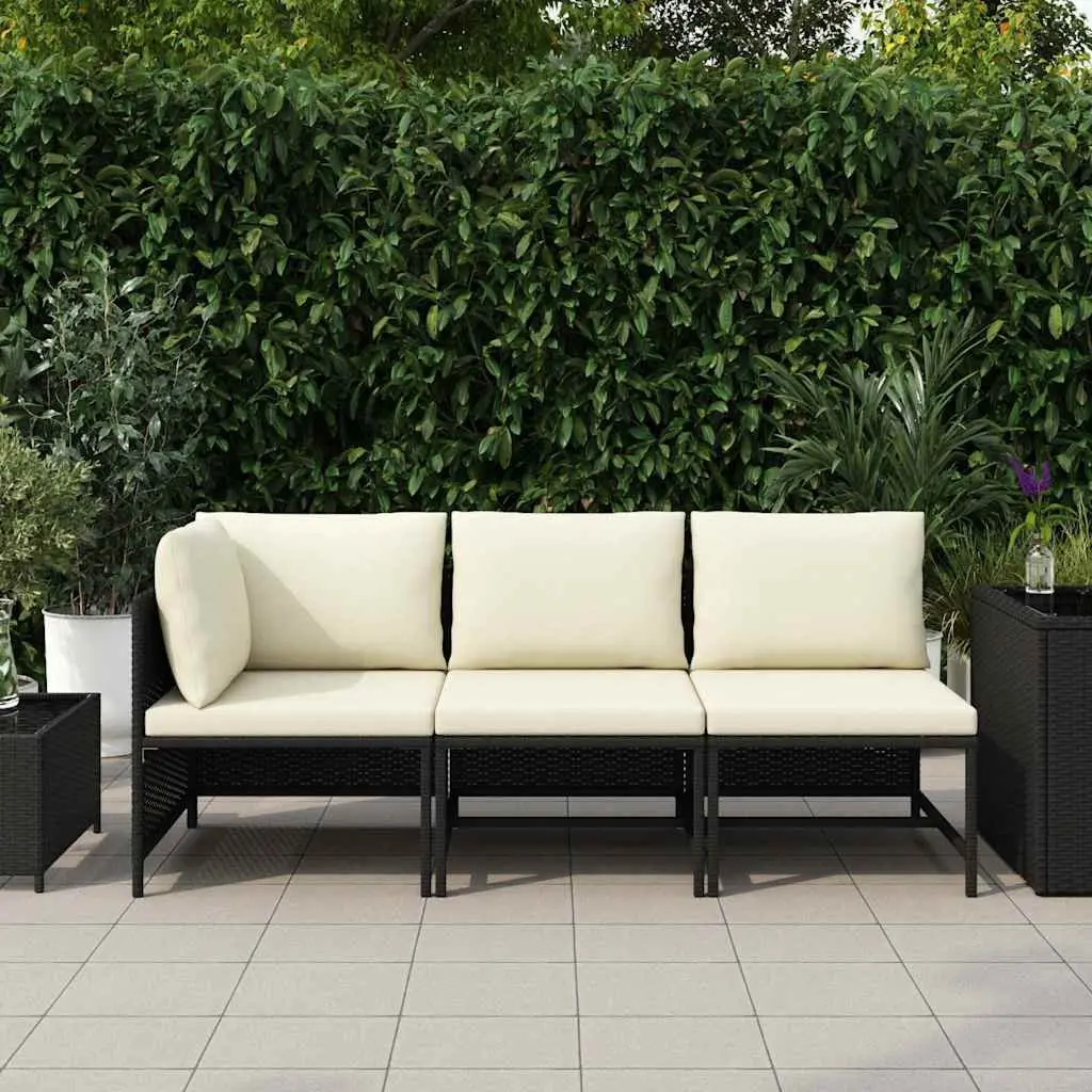 Outdoor Garden Sofa Set 3 Piece Black Poly Rattan Lounge Sectional with Cushions
