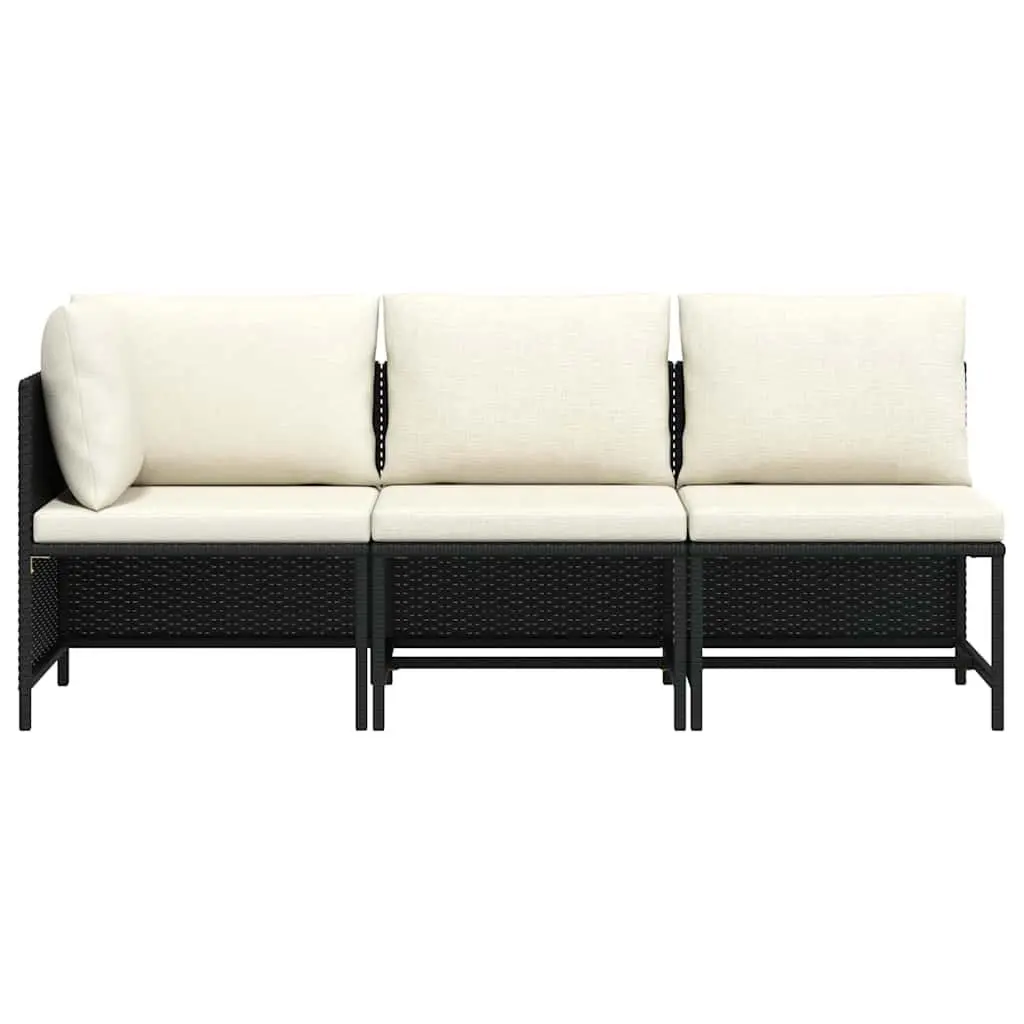 Outdoor Garden Sofa Set 3 Piece Black Poly Rattan Lounge Sectional with Cushions