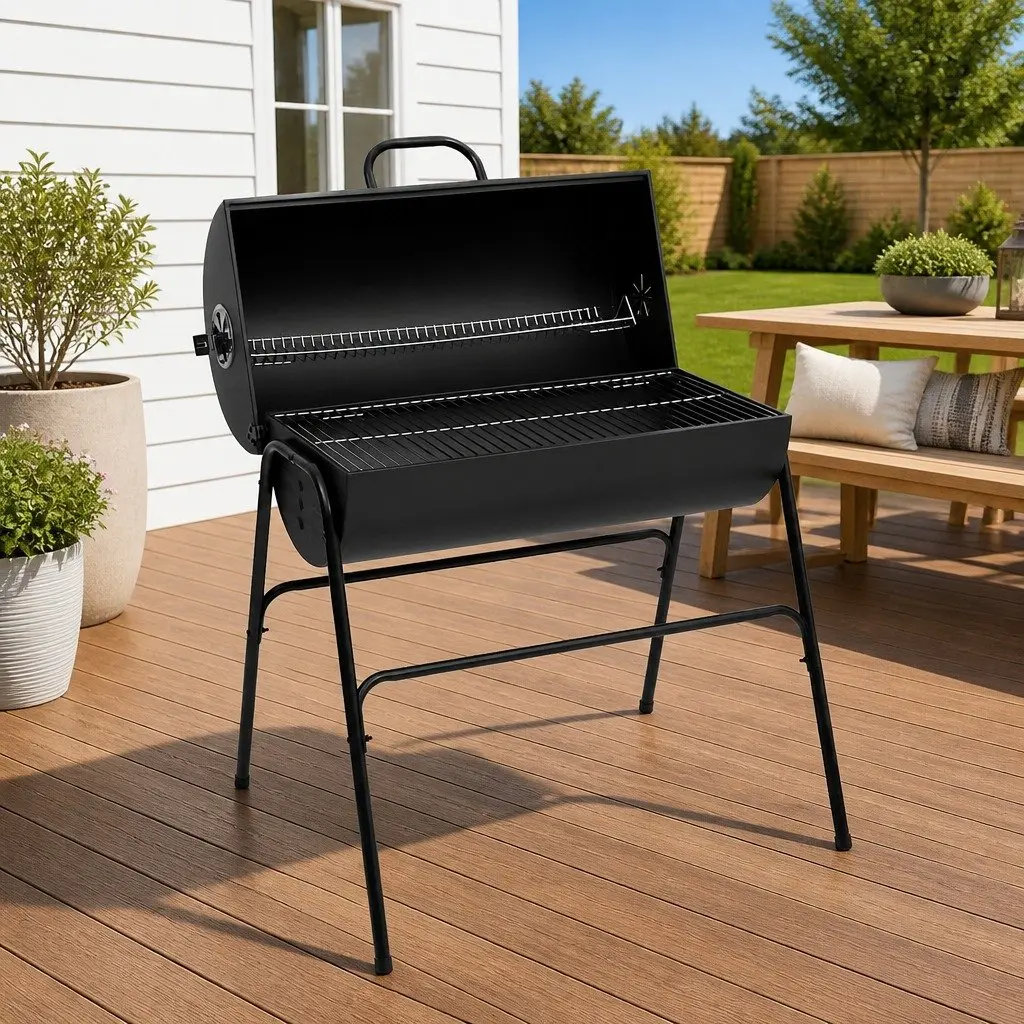 Black Steel Heavy-Duty Barrel BBQ Grill with