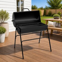Black Steel Heavy-Duty Barrel BBQ Grill with Specifications