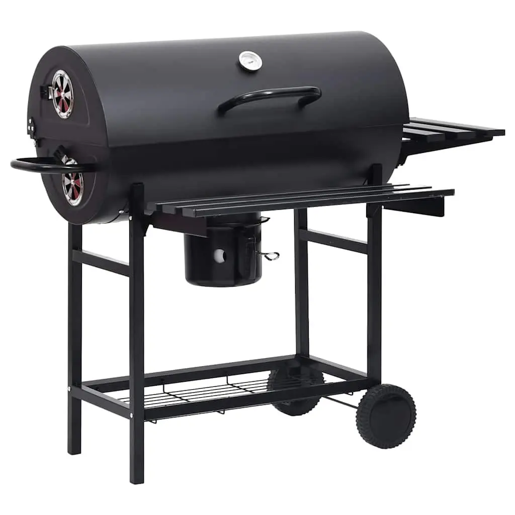 Barrel Charcoal BBQ Grill with Wheels Shelves Black Steel Outdoor Cooking