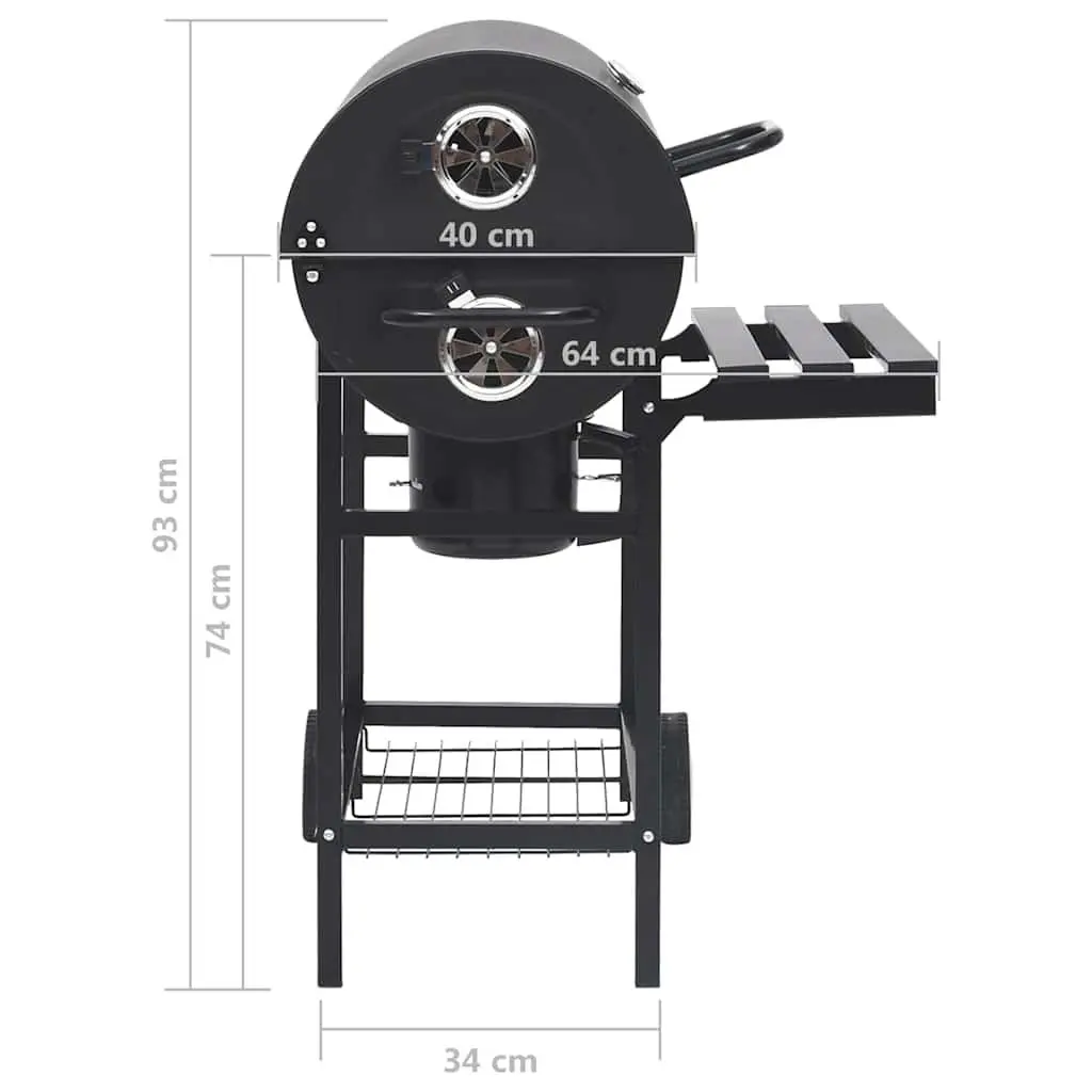 Barrel Charcoal BBQ Grill with Wheels Shelves Black Steel Outdoor Cooking