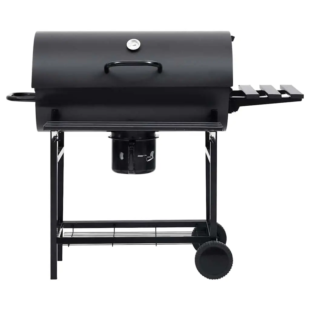 Barrel Charcoal BBQ Grill with Wheels Shelves Black Steel Outdoor Cooking