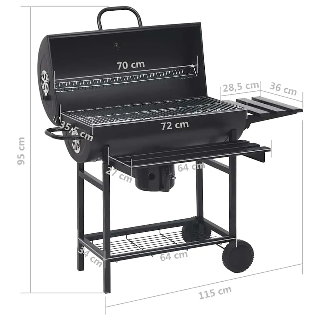Barrel Charcoal BBQ Grill with Wheels Shelves Black Steel Outdoor Cooking