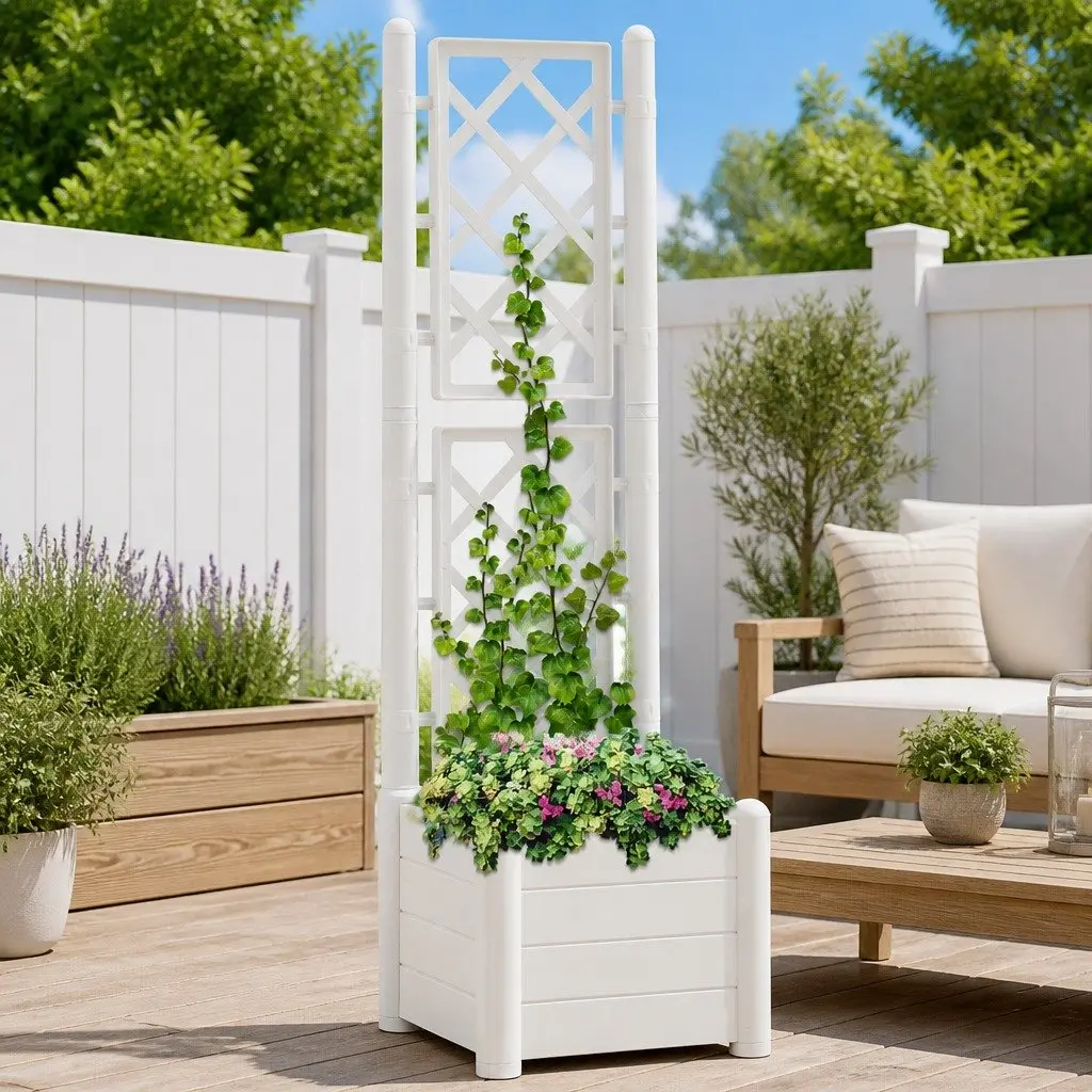 White Garden Planter with Trellis