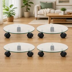 Set of 4 Plant Rollers - 28 cm Tempered Glass with Castors
