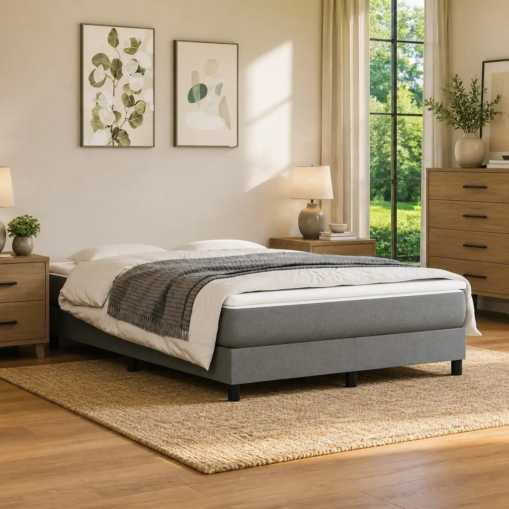 Box Spring Bed with Mattress Queen Size 152x203 cm Grey Fabric Bedroom Furniture