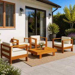 5 Piece Garden Lounge Set: Solid Wood & Cream White Cushions