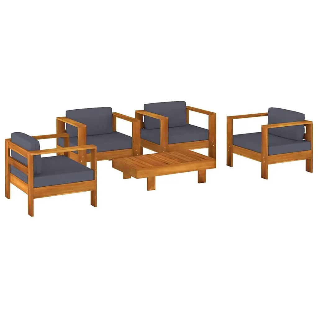 5 Piece Garden Lounge Set for Patio Outdoor Use with Grey Cushions Solid Acacia Wood