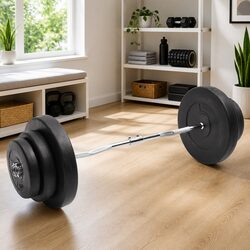 Curl Barbell with Plates 60kg Black Free Weight Training Set Home Gym Exercise