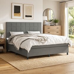 Queen Size Box Spring Bed with Pocket Spring Mattress Dark Grey Fabric Headboard