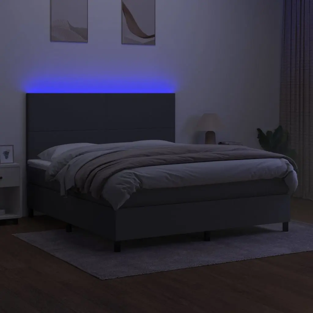 Queen Size Box Spring Bed with Built-in Mattress LED Headboard Dark Grey