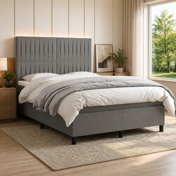 Box Spring Bed with LED Lights Pocket Spring Mattress Adjustable Headboard Grey