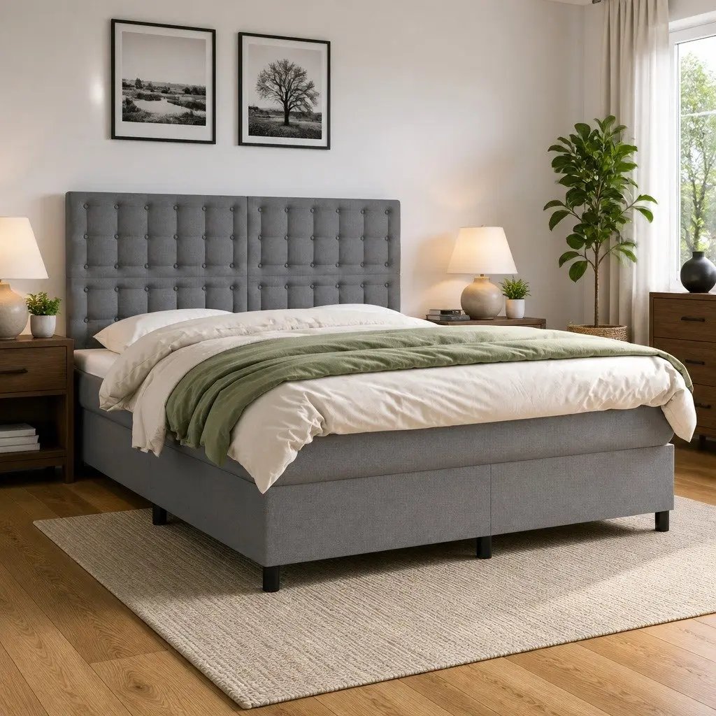 Queen Size Box Spring Bed with Pocket Mattress and LED Headboard Grey 153x203cm