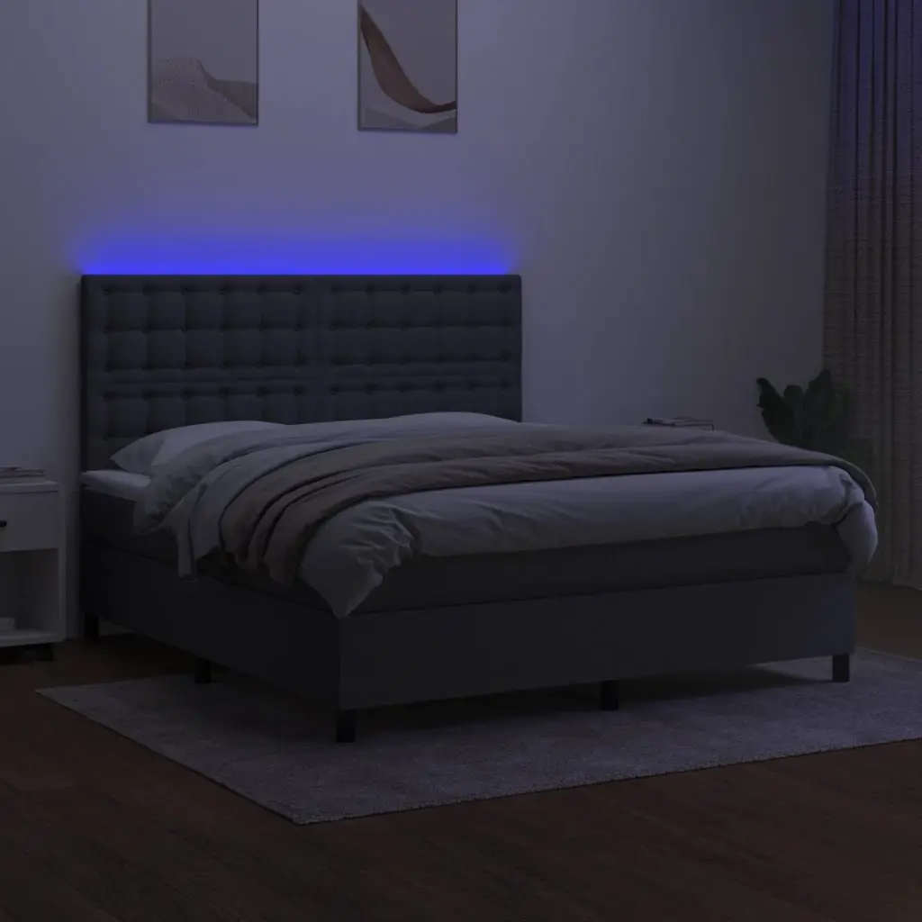 Queen Size Box Spring Bed with Pocket Mattress and LED Headboard Grey 153x203cm