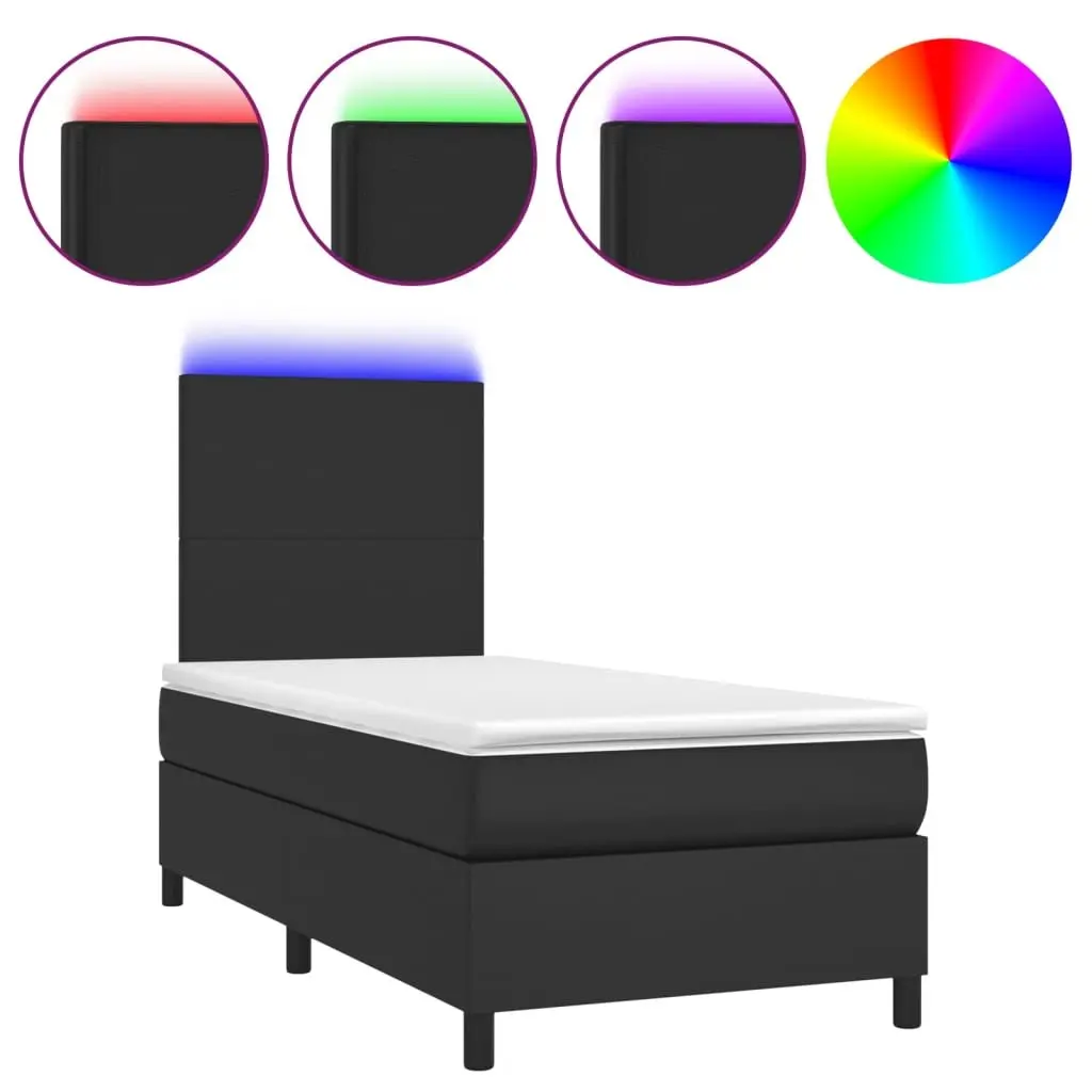 King Single Box Spring Bed with LED Lights Faux Leather Headboard Mattress