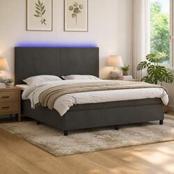 Queen Size Box Spring Bed with LED Headboard, 153x203 cm