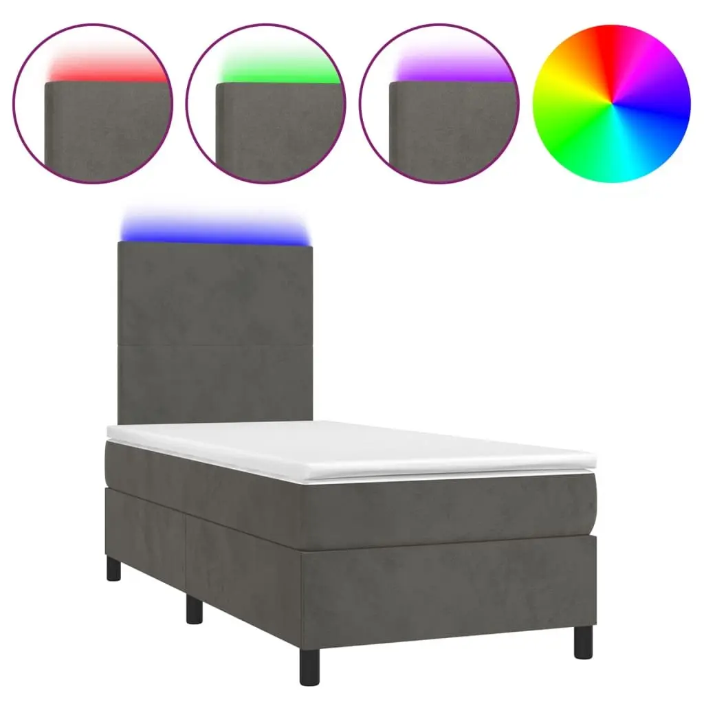 Box Spring Bed with LED Lights for Bedroom King Single Size 106x203 cm Velvet Headboard