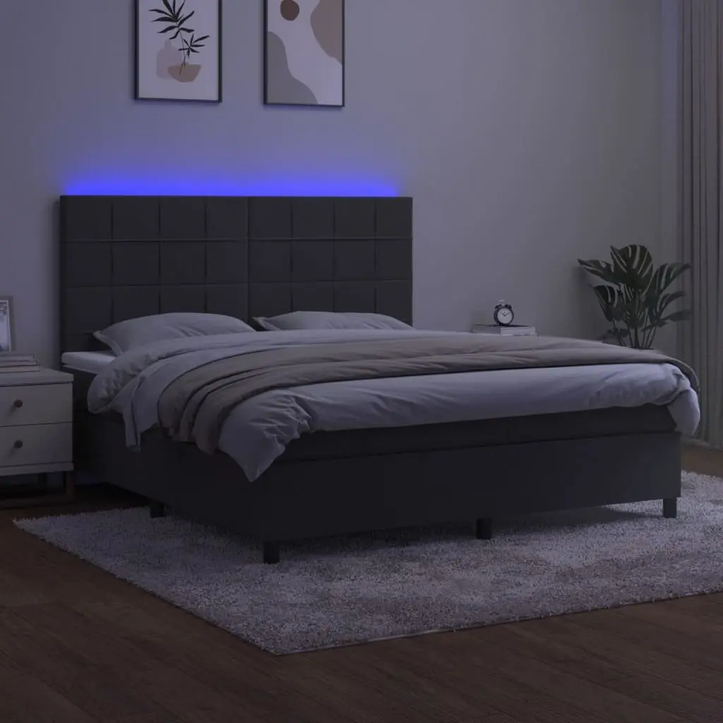 Queen Size Box Spring Bed with Pocket Spring Mattress and LED Headboard Grey Velvet