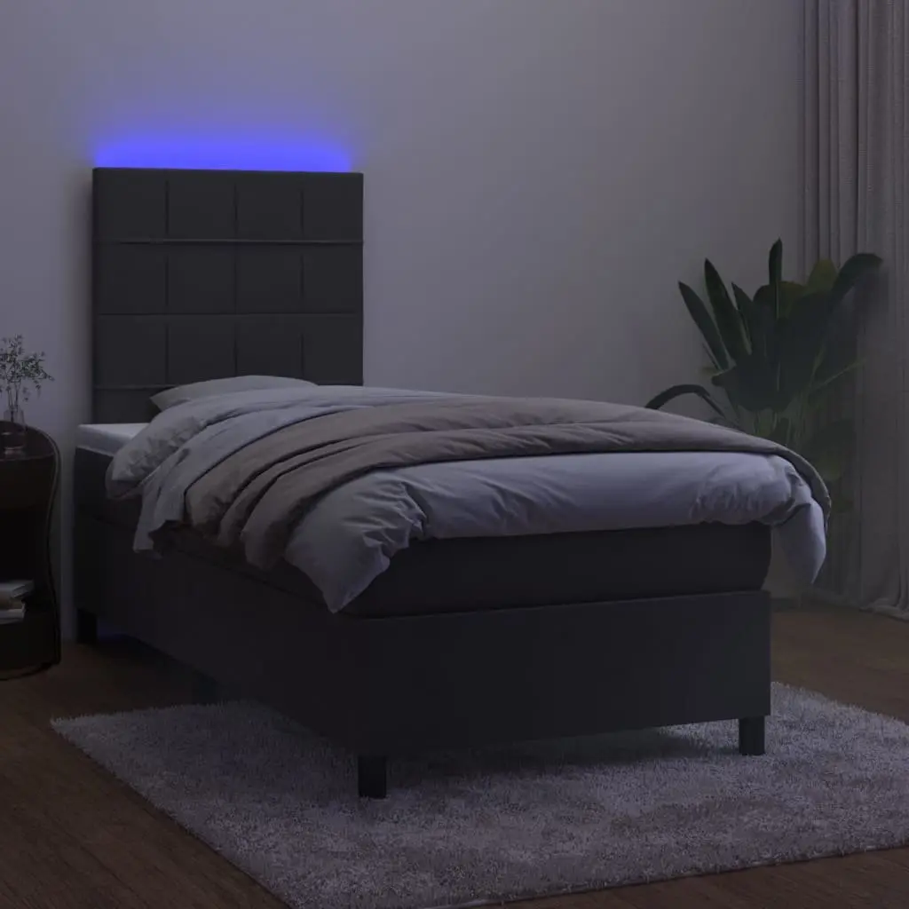 King Single Box Spring Bed with LED Lights Velvet Headboard Pocket Mattress