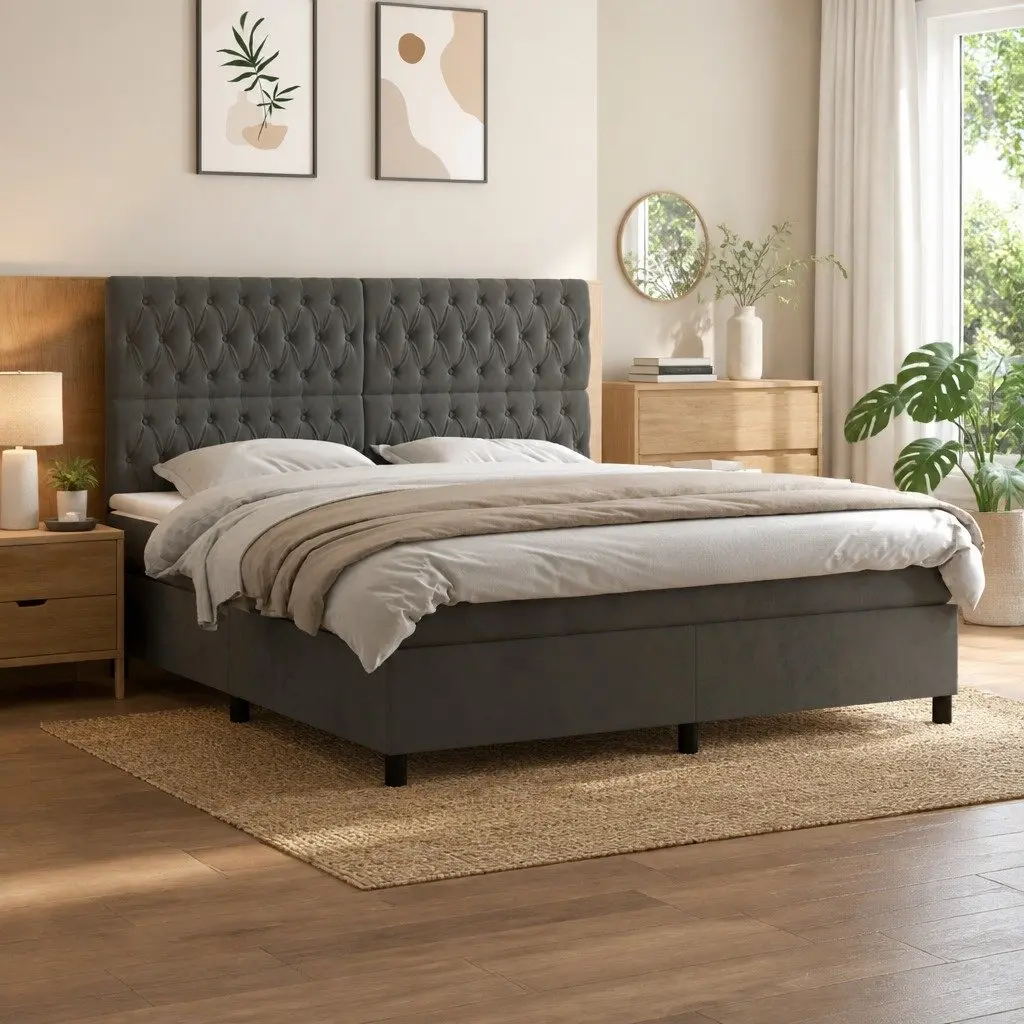 Queen Size Box Spring Bed with Mattress and LED