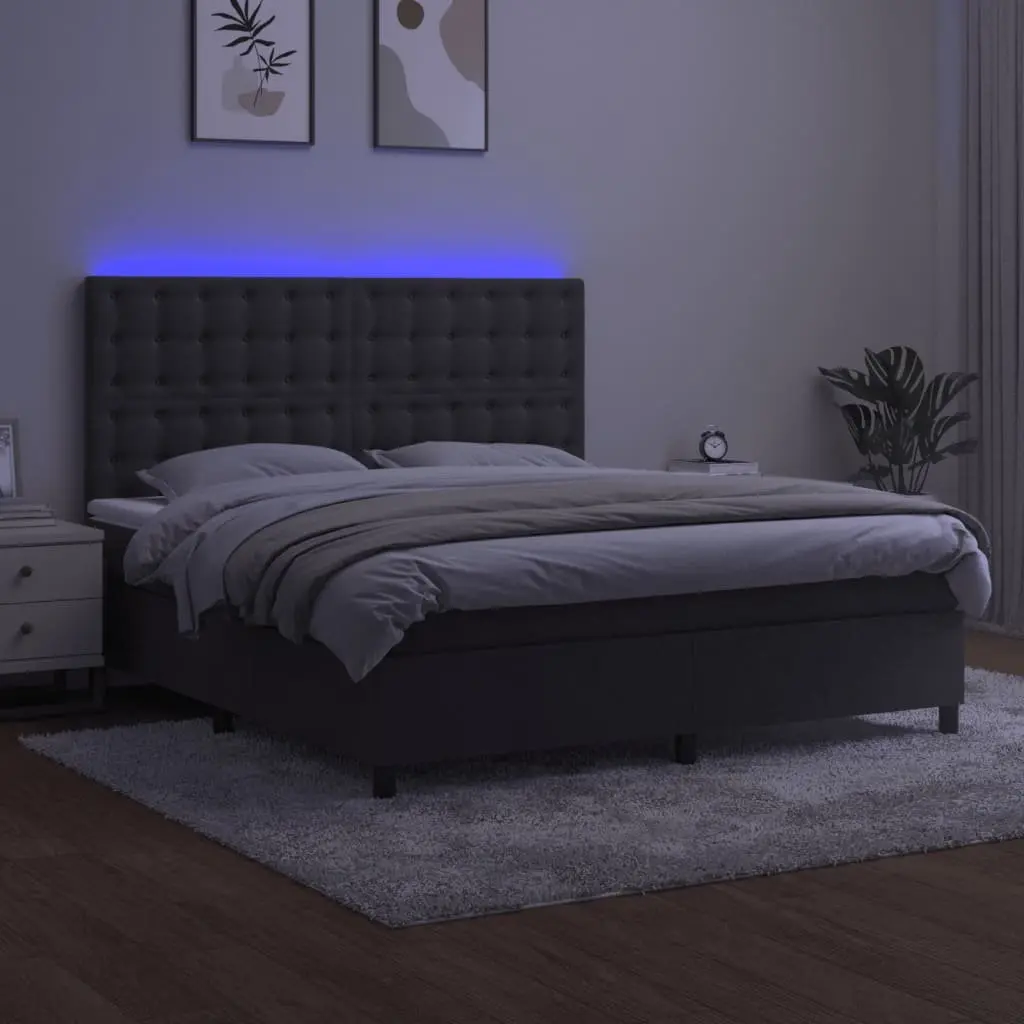 Queen Size Box Spring Bed with LED Lights and Pocket Spring Mattress Grey Velvet