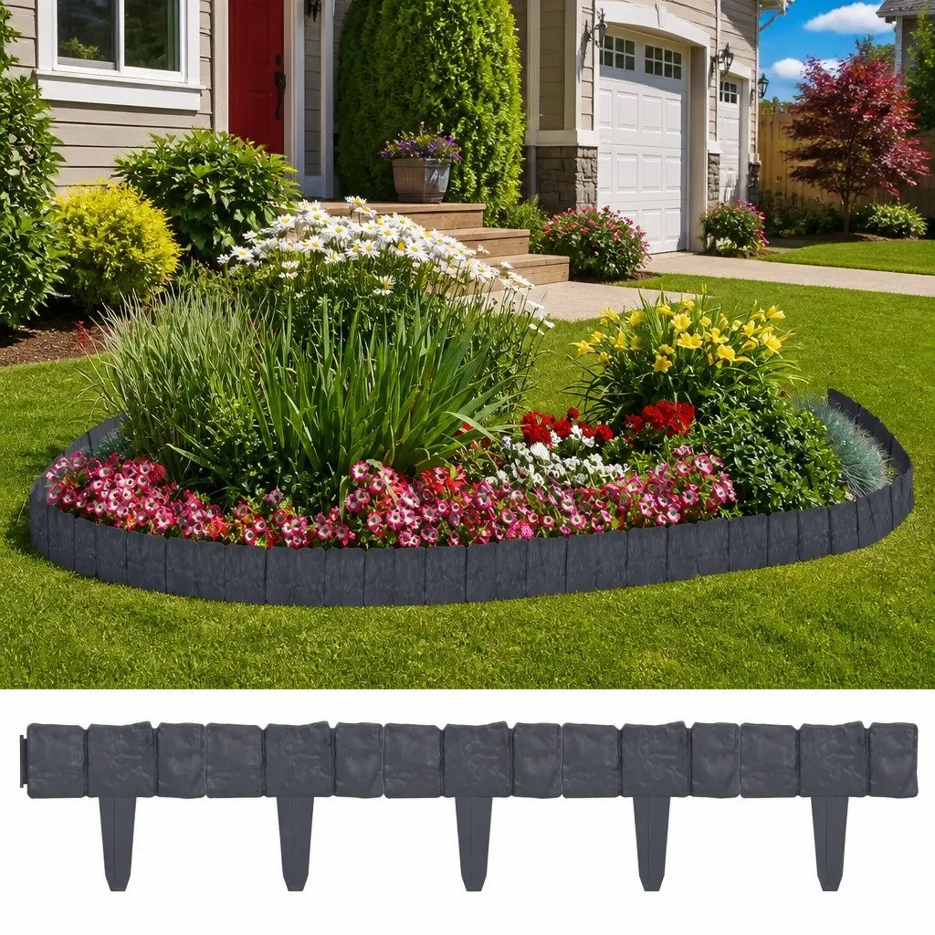 Lawn Fence Edging Border for Garden Anthracite Stone Look Plastic 10m