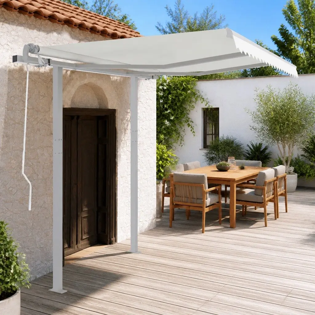 Awning Post Set White 300x245 cm Double Posts Outdoor Terrace Balcony Garden