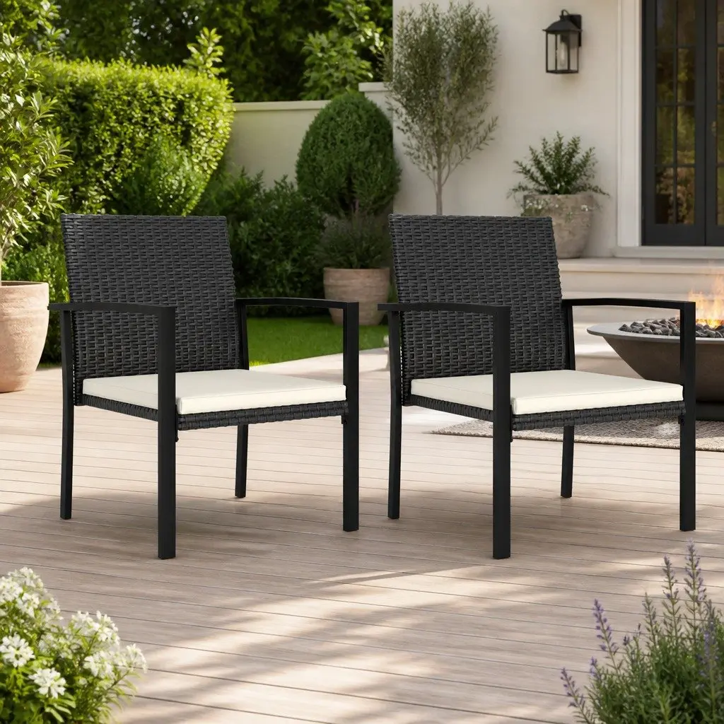 Outdoor Dining Chairs Set 2 pcs Garden Seating Black PE Rattan with Cushions