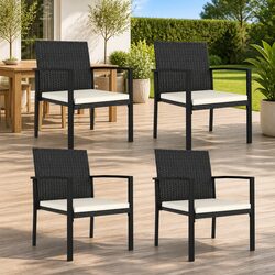 Black Outdoor Dining Chairs Set: 4 Pcs, Steel Frame & Rattan