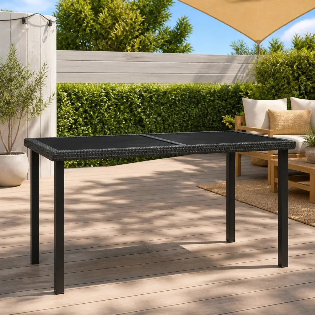 Garden Dining Table Outdoor Patio Furniture Black Poly Rattan Tempered Glass Top