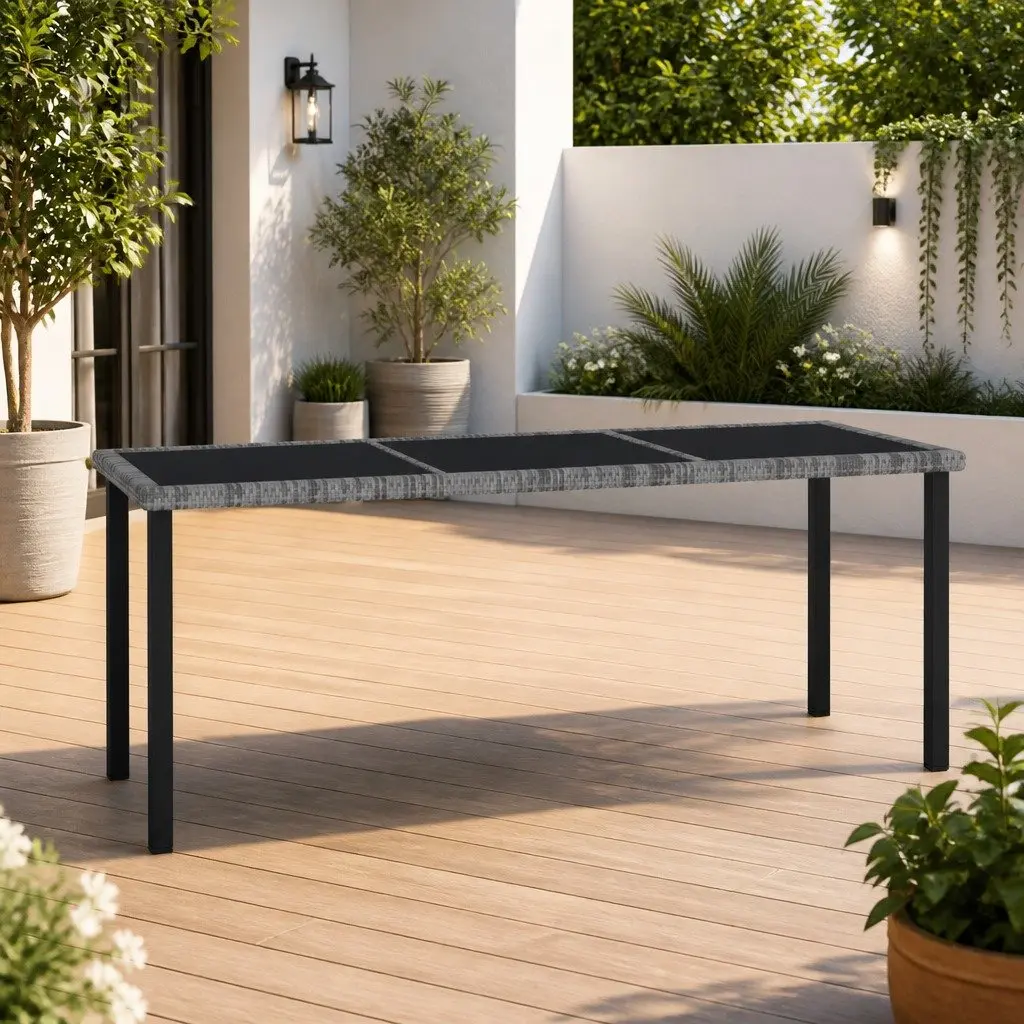 Outdoor Dining Table Grey Garden Patio 180 x 70 x 73 cm Poly Rattan Glass Top