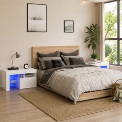 Bedside Cabinets 2pcs LED Lights High Gloss White Modern Bedroom Storage