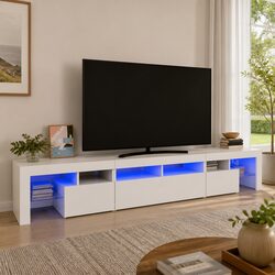 TV Cabinet with RGB LED Lights White Modern Media Unit Storage Organiser 230cm