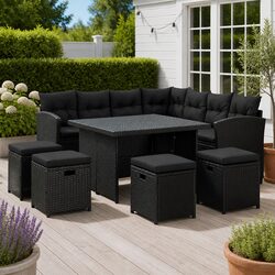 Garden Lounge Set: 6-Piece, Black, Steel & PE Rattan