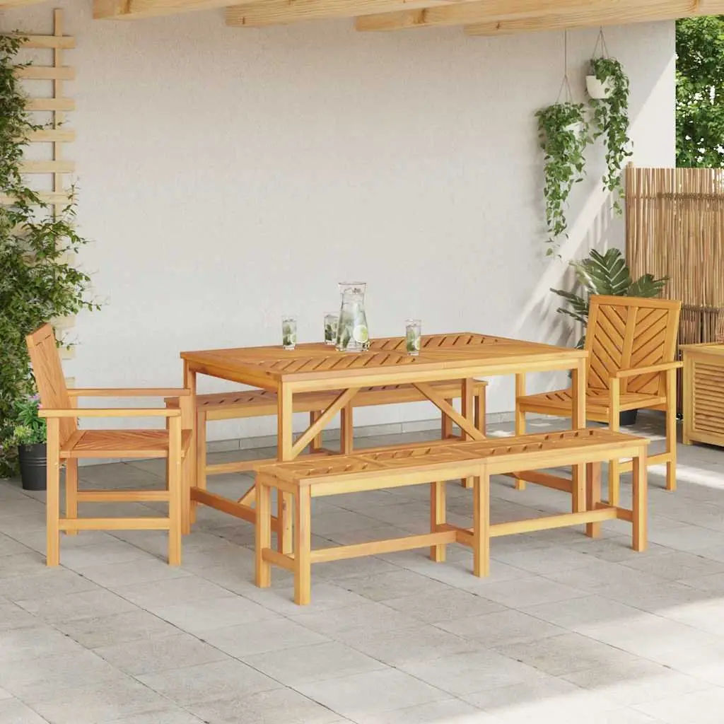 Garden Dining Set Outdoor Use 5 Piece Brown Solid Acacia Wood Rectangular Table Chairs