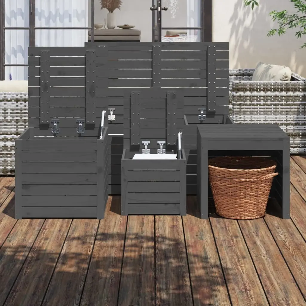Garden Storage Box Set 4 Piece Grey Solid Pine Wood Outdoor Patio
