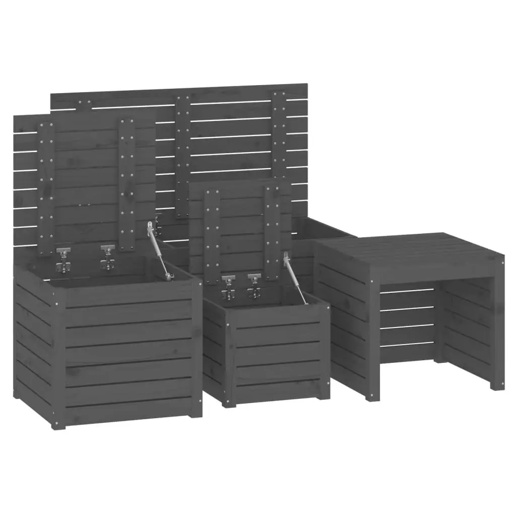 Garden Storage Box Set 4 Piece Grey Solid Pine Wood Outdoor Patio