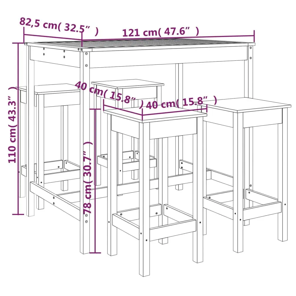 5 Piece Garden Bar Set Outdoor Patio Furniture Black Solid Pine Wood