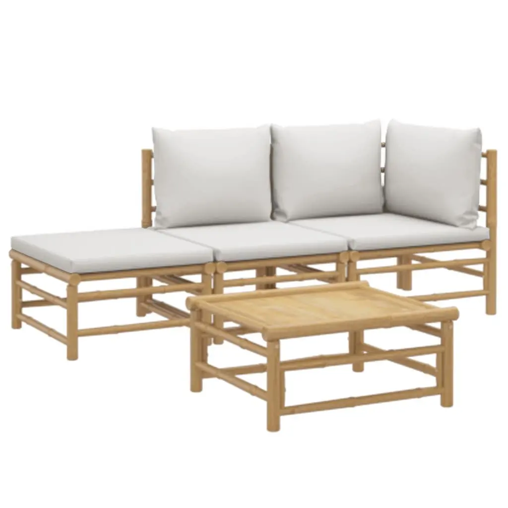 Bamboo Garden Lounge Set for Outdoor Use 4 Piece with Light Grey Cushions