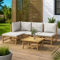 5-Piece Modular Bamboo Lounge Set with Light Grey Cushions