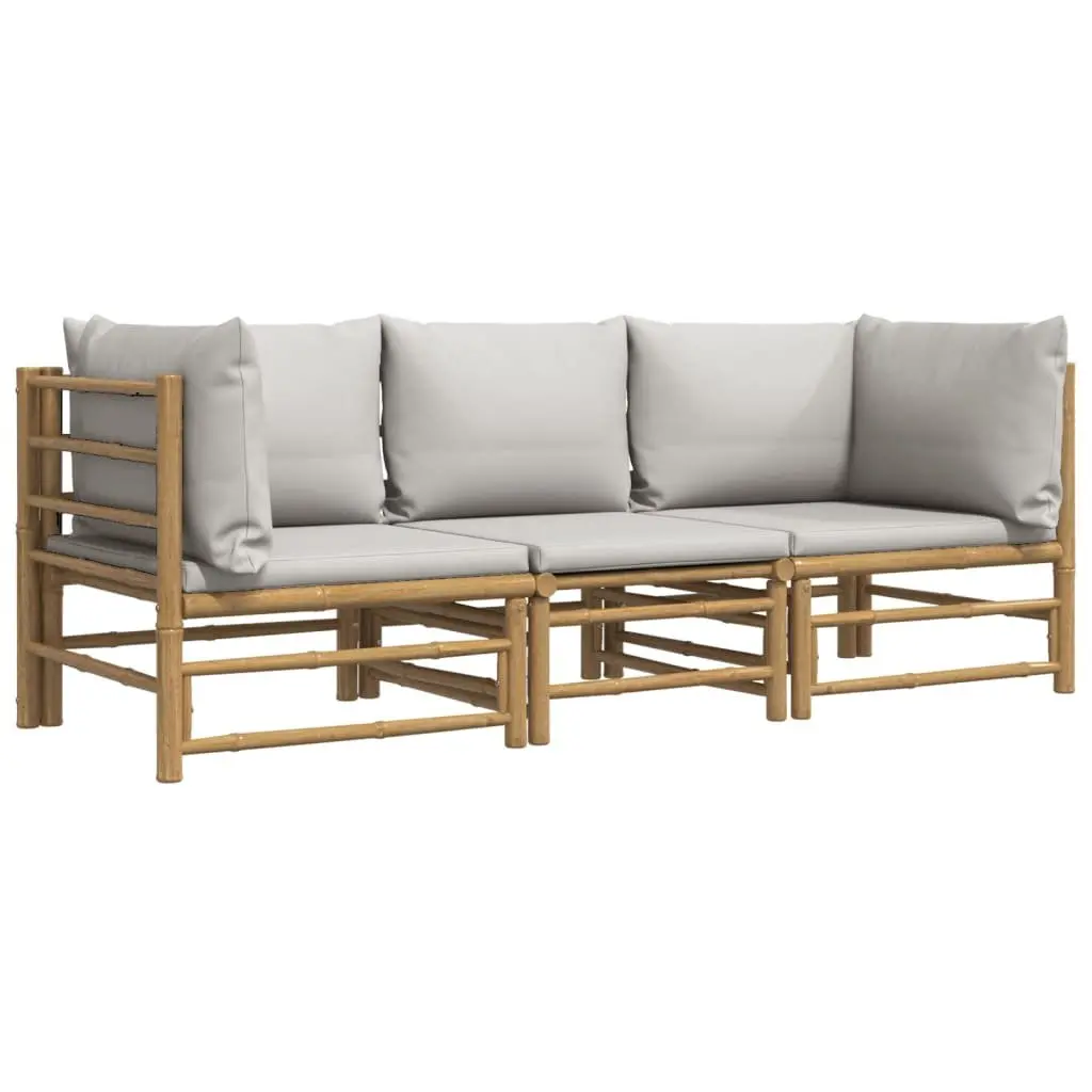 3 Piece Bamboo Garden Lounge Set Outdoor Furniture Light Grey Cushions